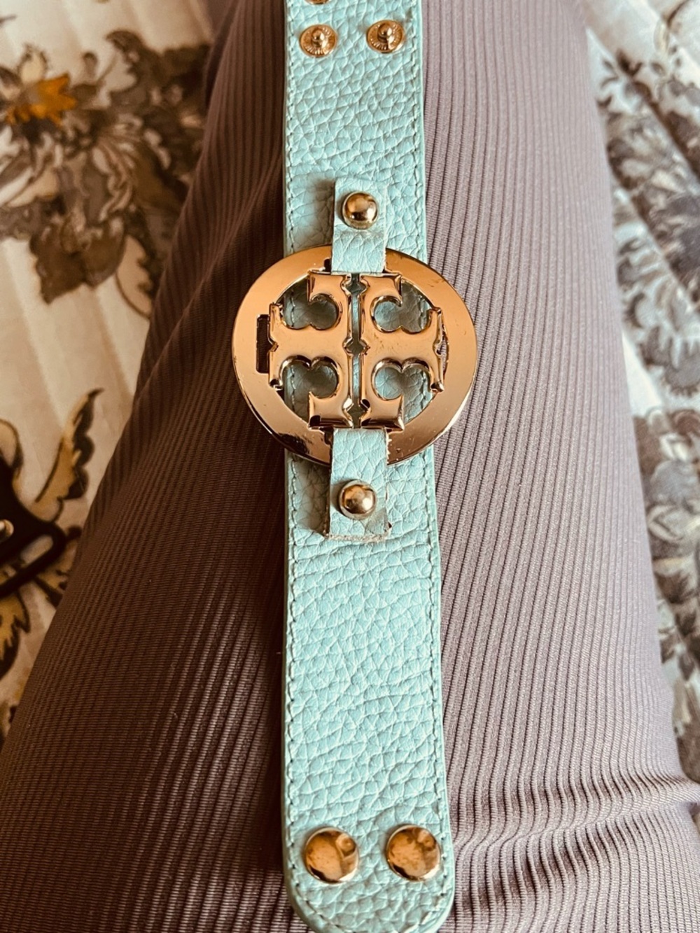 Tory Burch Mint Green Leather Logo Belt with Gold-Tone Hardware
